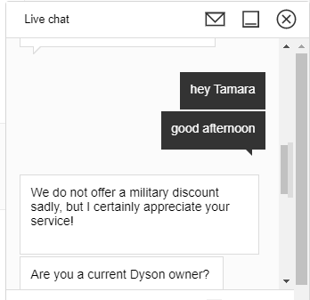 chat en vivo de dyson con descuento militar