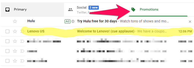 correo electrónico de lenovo en la pestaña de promociones en gmail