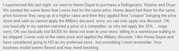 queja de descuento militar de home depot