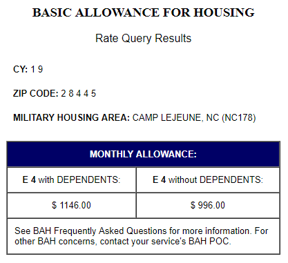 campamento lejune bah estimación para e-4