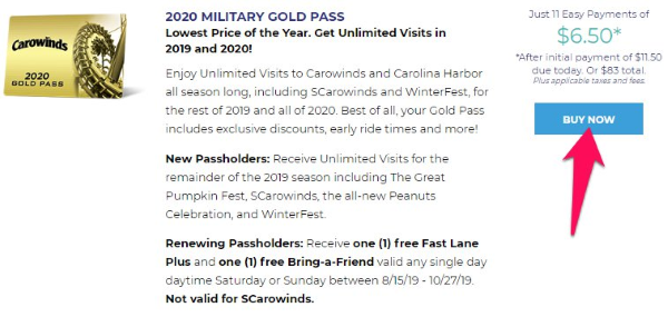 pase de oro militar de carowinds