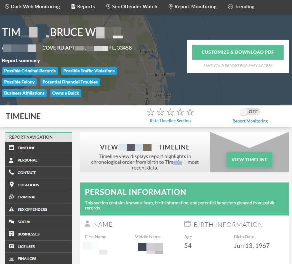 datos de verificación de antecedentes de ejemplo de TruthFinder