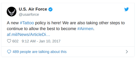 tweet de la política de tatuajes de la fuerza aérea de EE. UU.